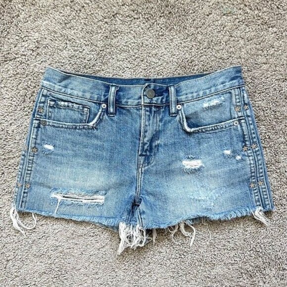 Allsaints Women’s Denim Distressed Star Stud Embroidered‎ Festival Shorts Sz 25 - Picture 1 of 4